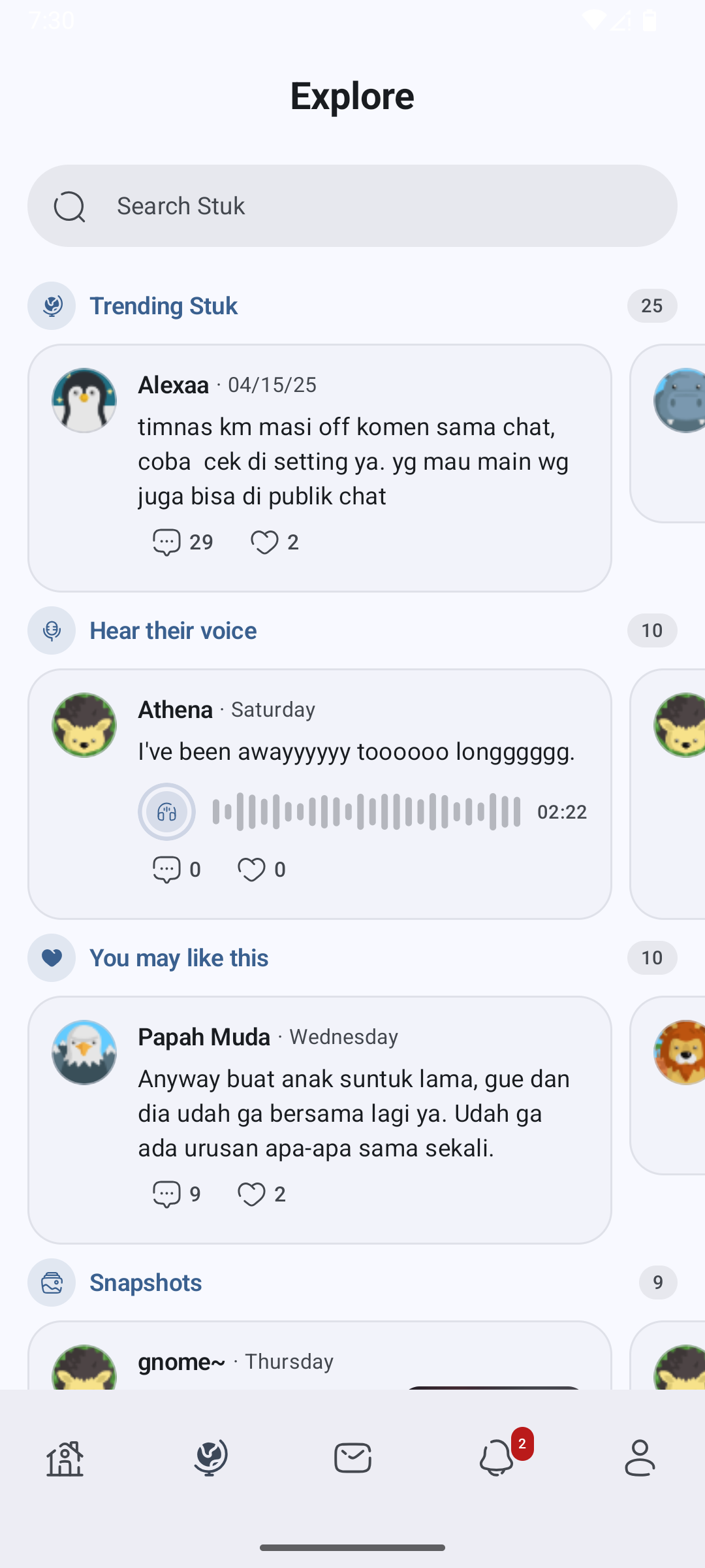 Halaman jelajah Suntuk dengan post populer, post suara, dan snapshot